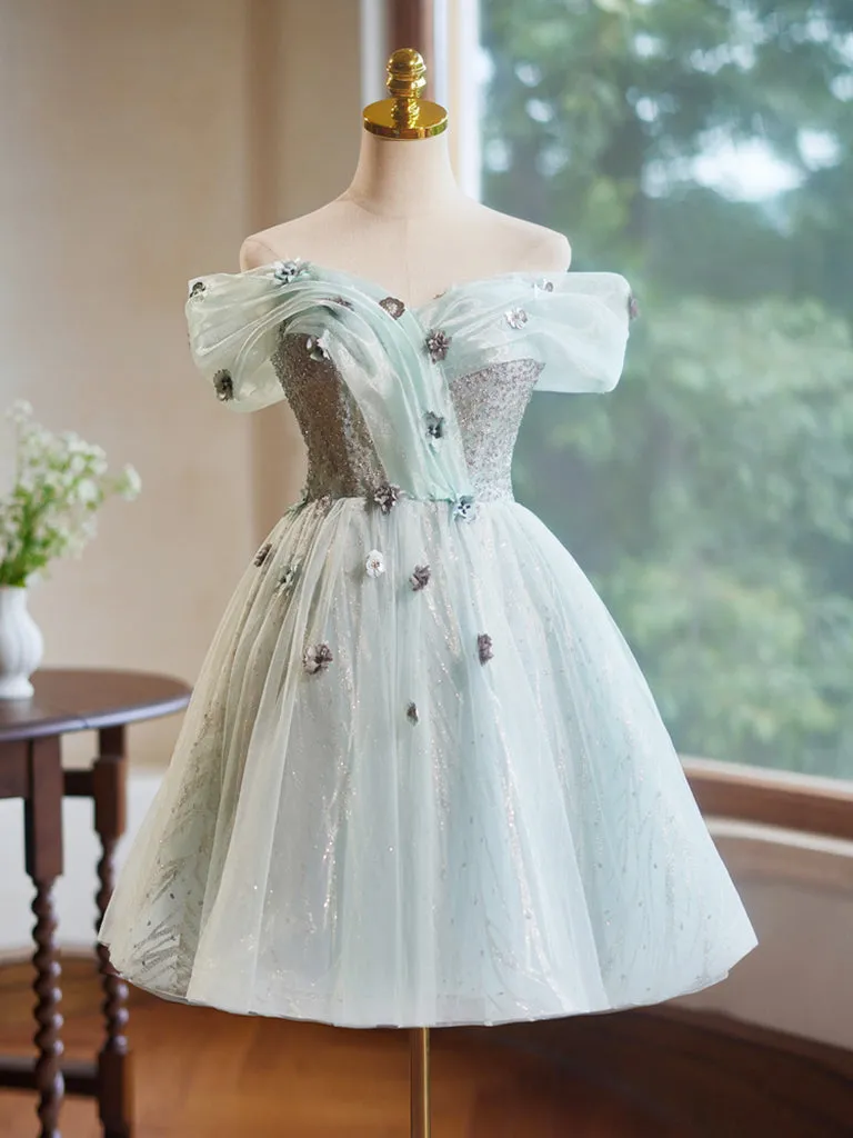 A-Line Off Shoulder Tulle Short Prom Dress, Green Homecoming Dress