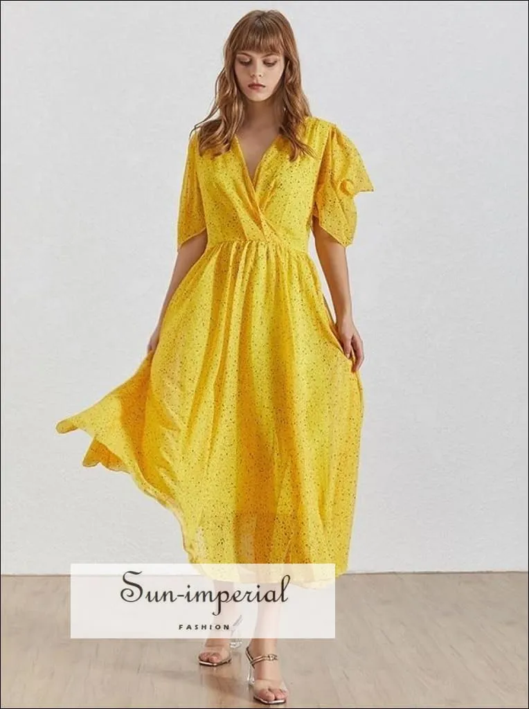 Angers Dress - Print Midi Length Yellow Warp Dress for Women V Neck Puff Sleeve High Waist