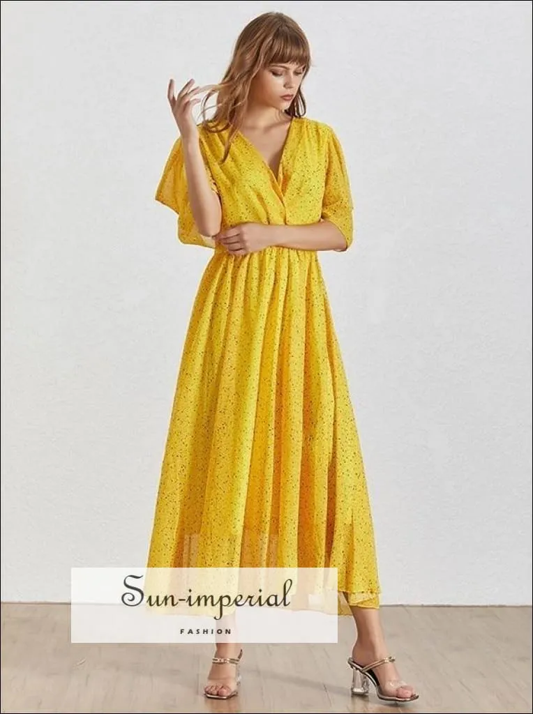 Angers Dress - Print Midi Length Yellow Warp Dress for Women V Neck Puff Sleeve High Waist