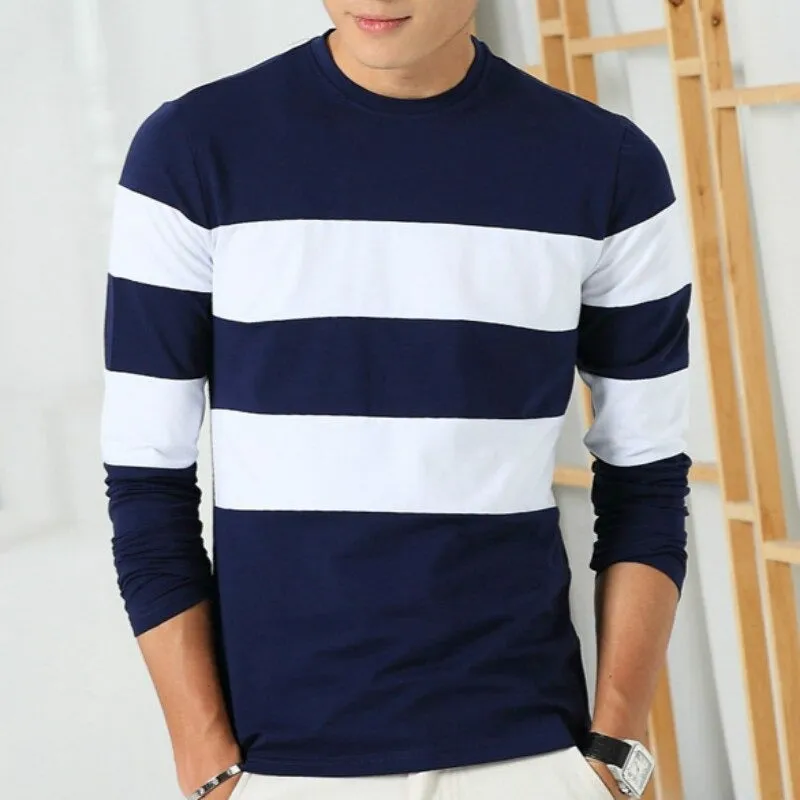 Autumn Winter Long Sleeve O Neck Striped Casual T-Shirt for Men