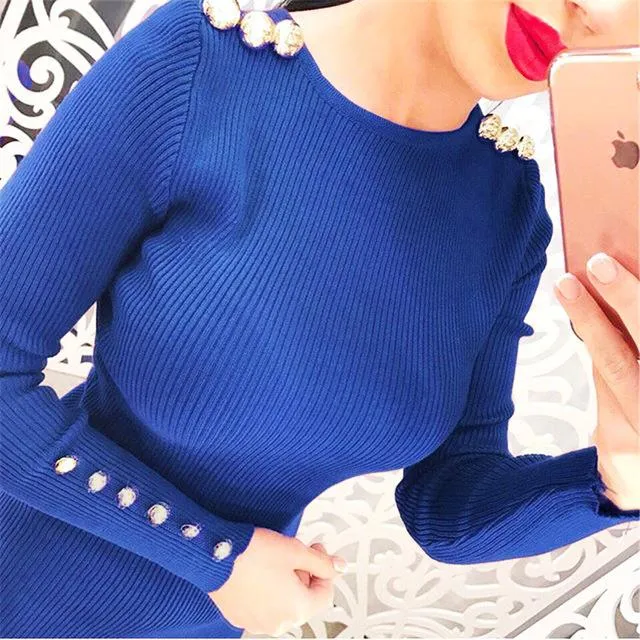 Autumn Winter Warm Knitted Solid Long Sleeve Midi Bodycon Dress for Women