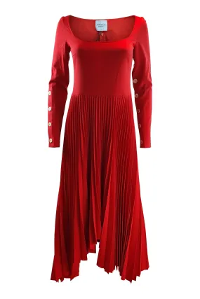 A.W.A.K.E. Mode Red Scoop Neck Pleated Fit and Flare Dress (38)