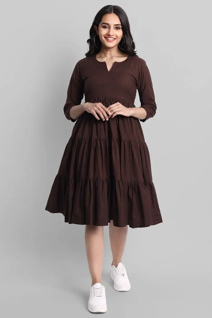 Brown Mul Cotton Graduated Short Dress