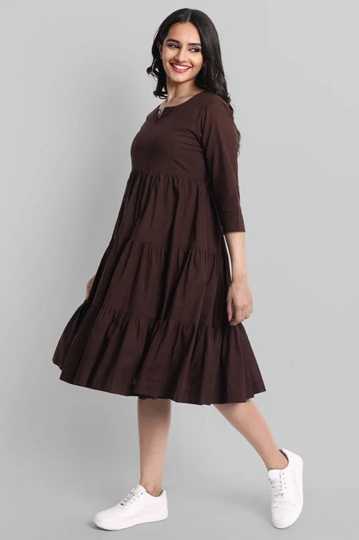 Brown Mul Cotton Graduated Short Dress