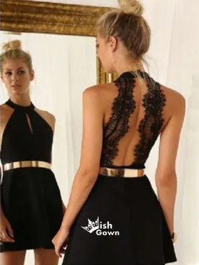 Chic Black Patchwork Lace Backless Cut Out Party Prom Mini Homecoming Dress, WGP015