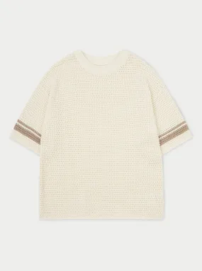 CROCHET KNITTED CONTRAST STRIPE T-SHIRT - OFF WHITE