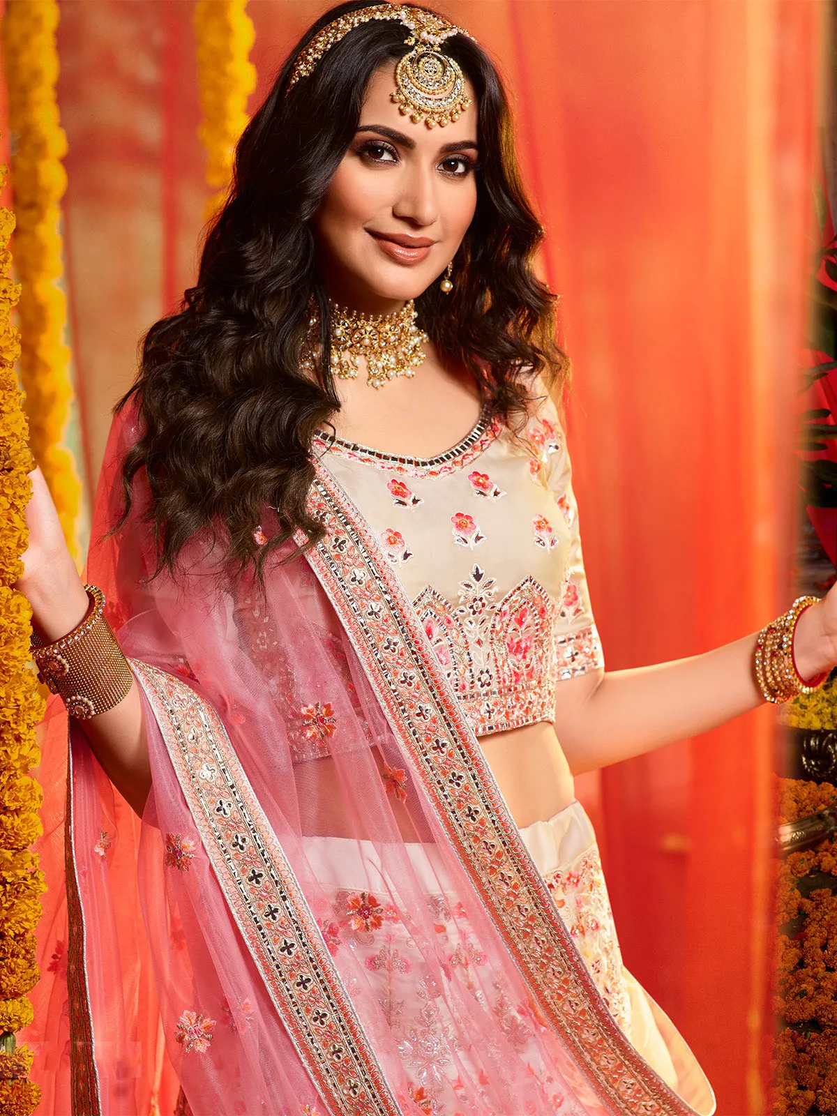 Elegant Off-White Semi Stitched Lehenga With Unstitched Blouse