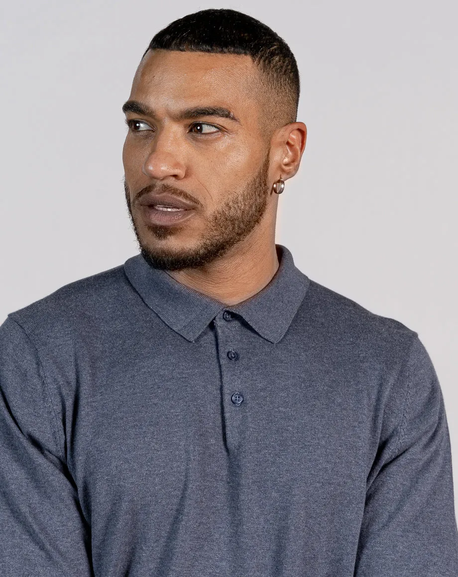 ESSENTIAL LONG SLEEVE KNITTED POLO TOP - MID BLUE