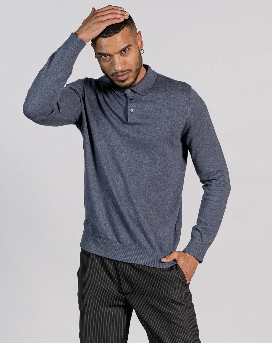 ESSENTIAL LONG SLEEVE KNITTED POLO TOP - MID BLUE