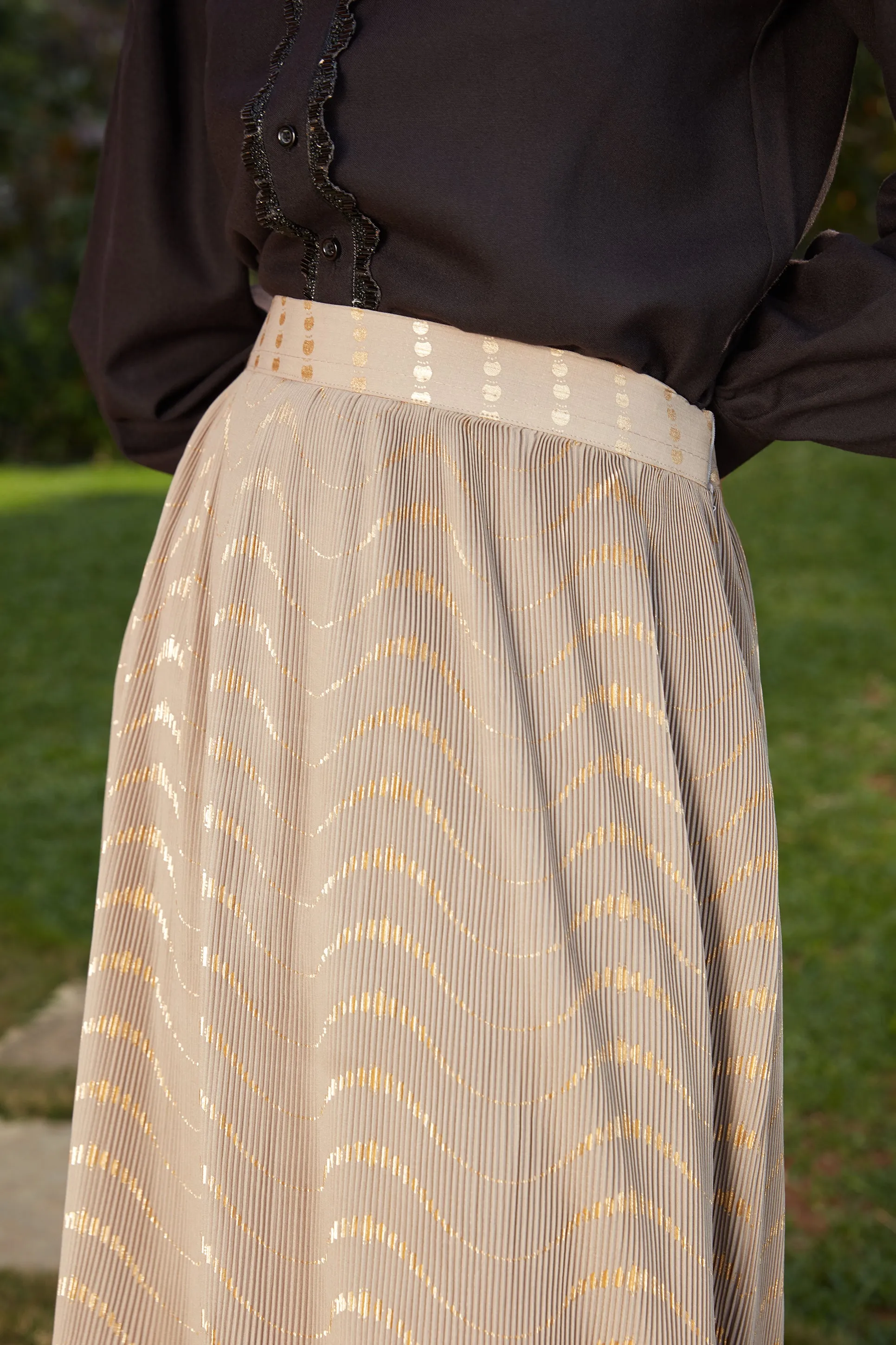 Exclusive Cream Color Fancy Fabric Indo Western Top And Printed Skirt