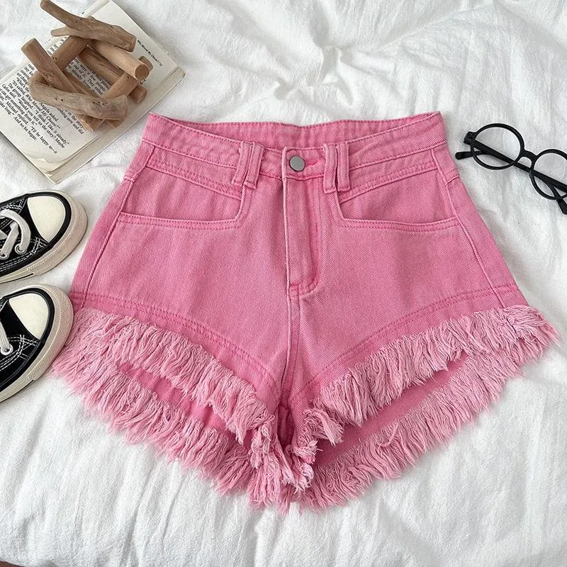 FRAYED HEM HIGH WASIT SHORTS