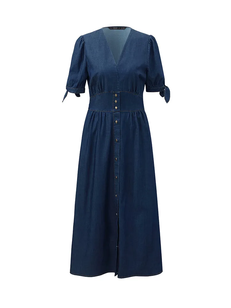 Gathered Waist Denim Women Midi Dress