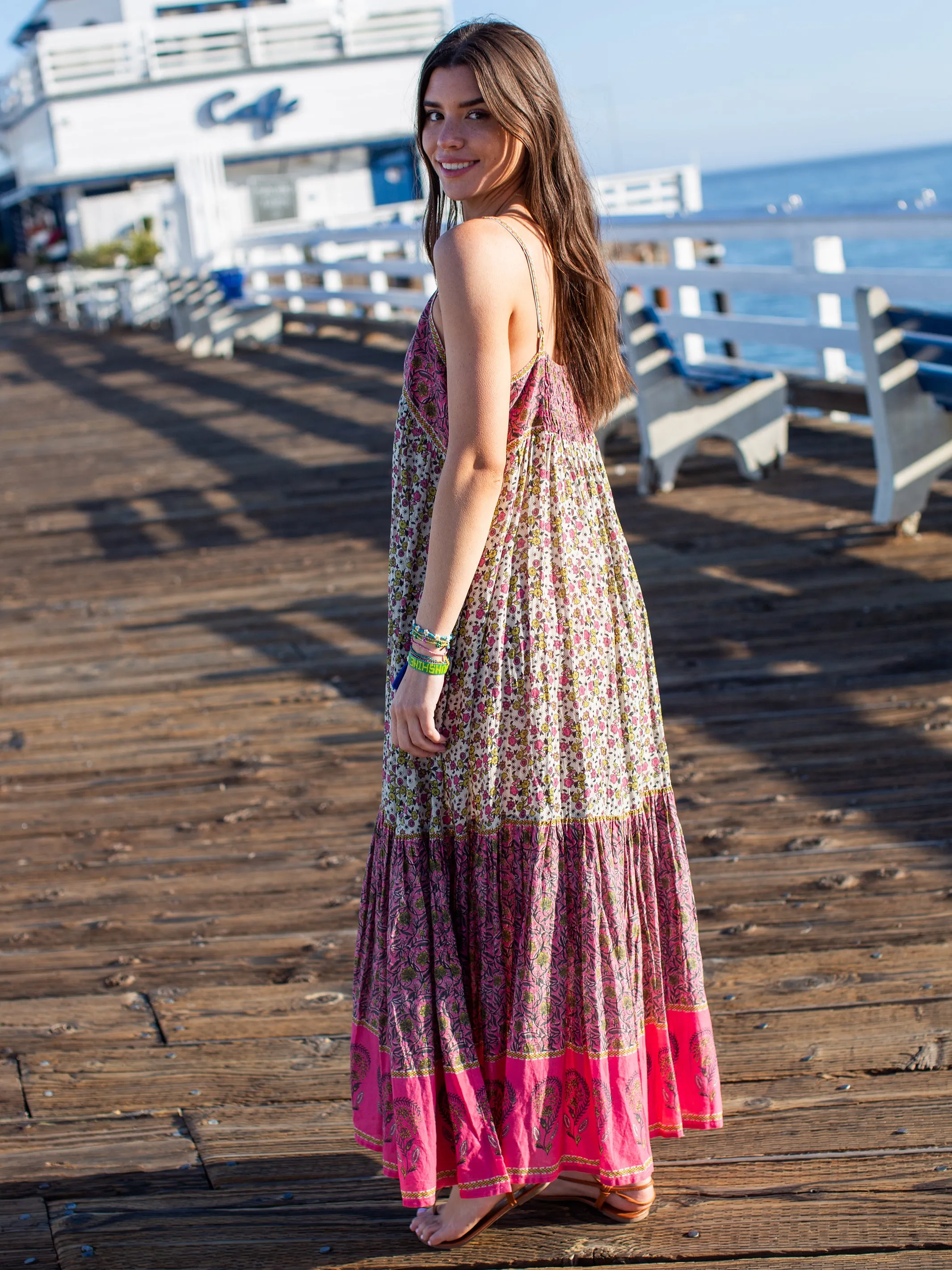 Journey Boho Cotton Maxi Dress - Pink Floral Border