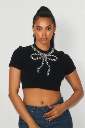 Kayla Rhinestone Bow Trim Crop Short Sleeve Top - Black