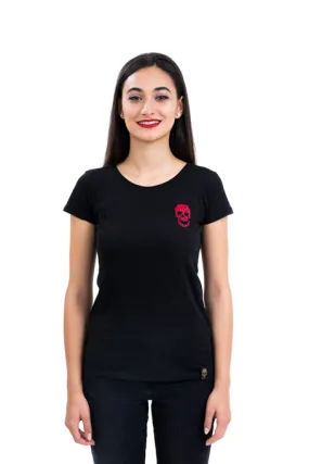 Ladies Fitted Red Skull Black Tee