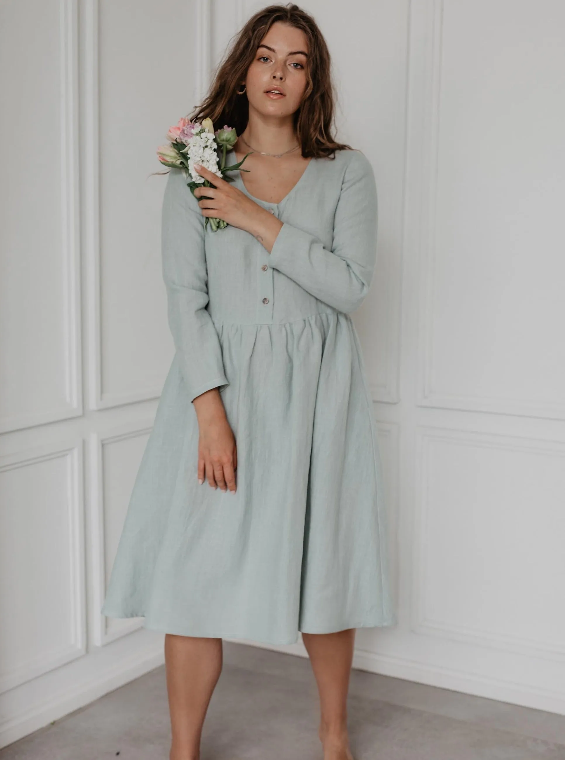 Lapland Mid-Length Linen Dress - Sage Green