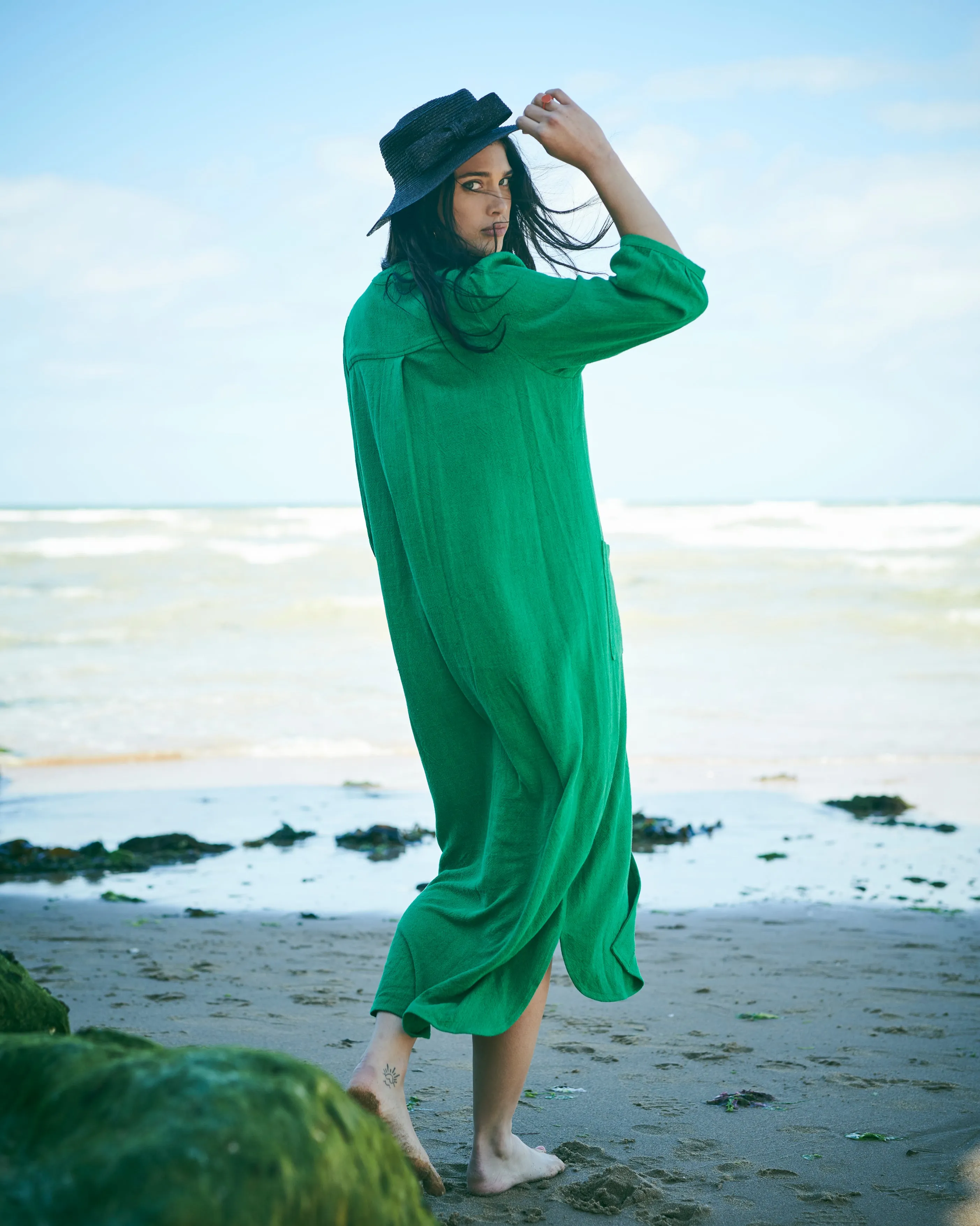 Lowie Linen Viscose Emerald Button Through Dress