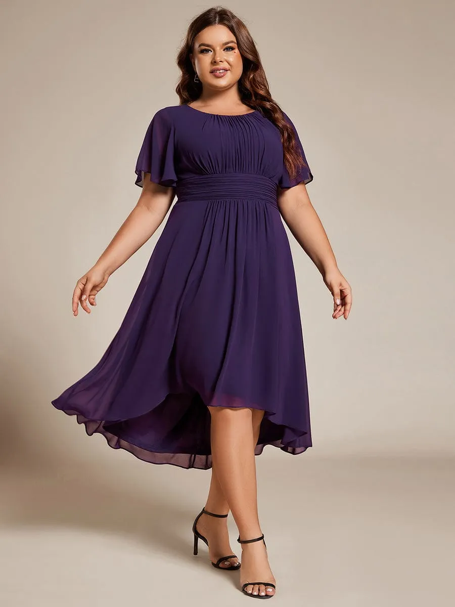 Plus Size Pleated Round Neckline A-Line Midi Chiffon Wedding Guest Dress