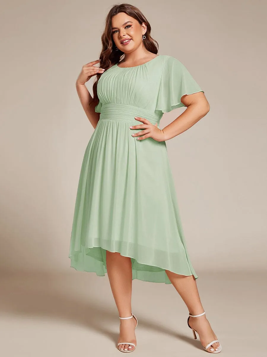 Plus Size Pleated Round Neckline A-Line Midi Chiffon Wedding Guest Dress