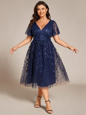 Plus Size Sparkly A-Line Midi Tulle Formal Wedding Guest Dress with Leaf Sequin