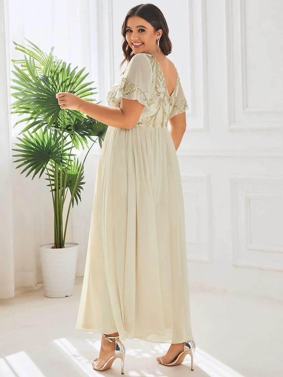 Plus Size V-Neck Short Sleeve Sequin Bodice Mother of the Bride Dress