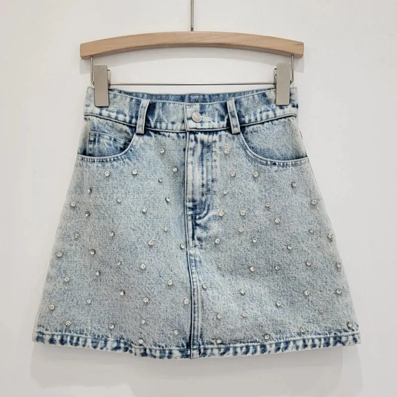 Pre Order:  Diamond Embellished Denim Jacket   High Waist A-Line Skirt Set