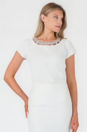 Short Sleeve Blouse with Rhinestone Cut-Out Neckline