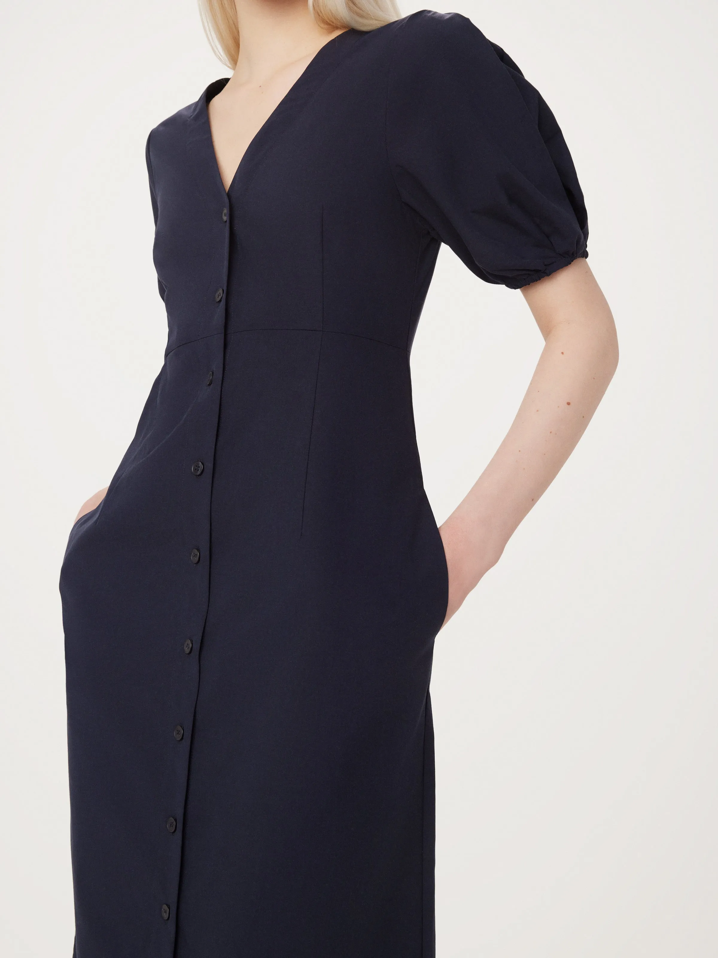 The Poplin Puffy Sleeve Dress in Dark Blue