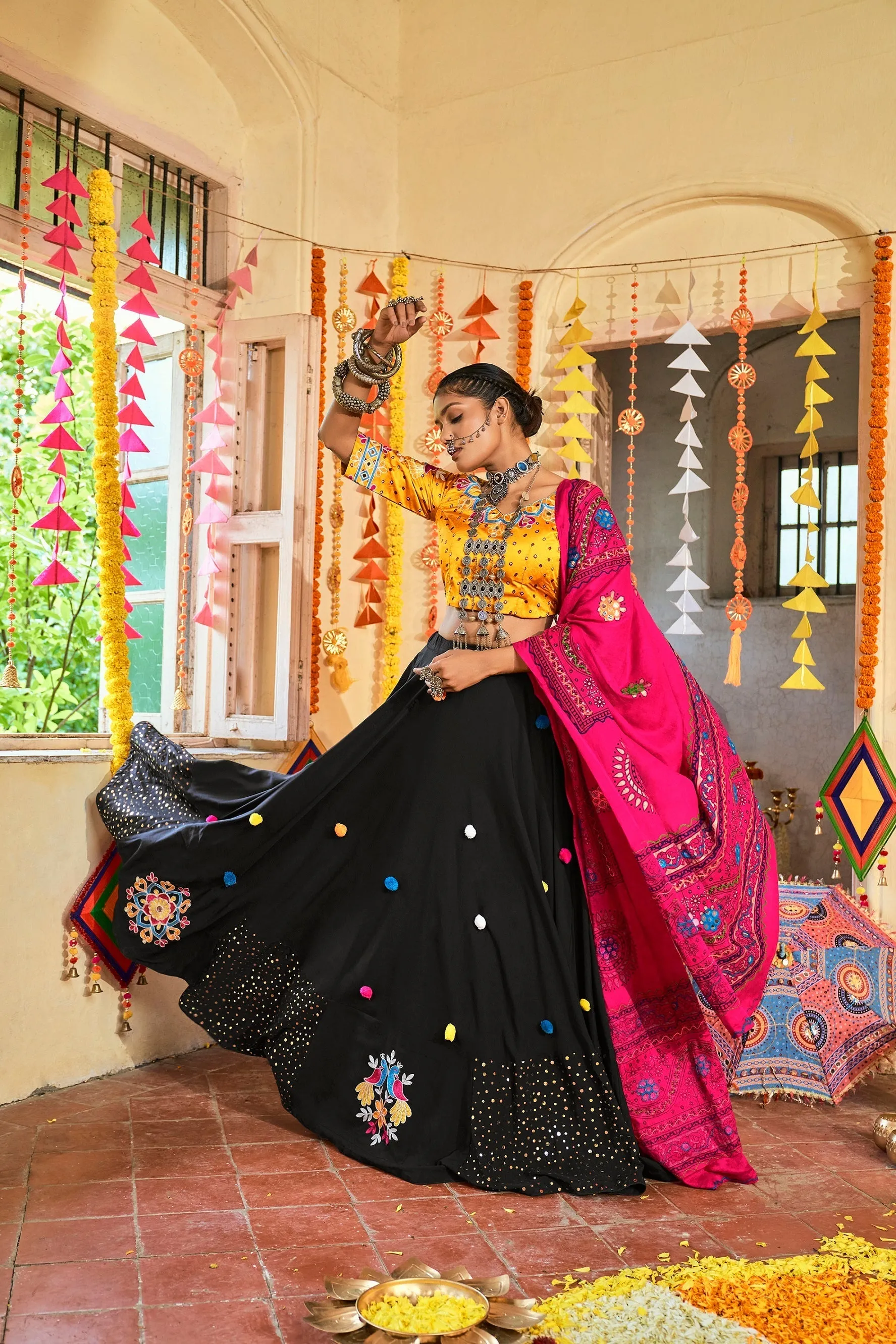 Traditional Wear Black & Yellow Color Navratri Special Lehenga Choli